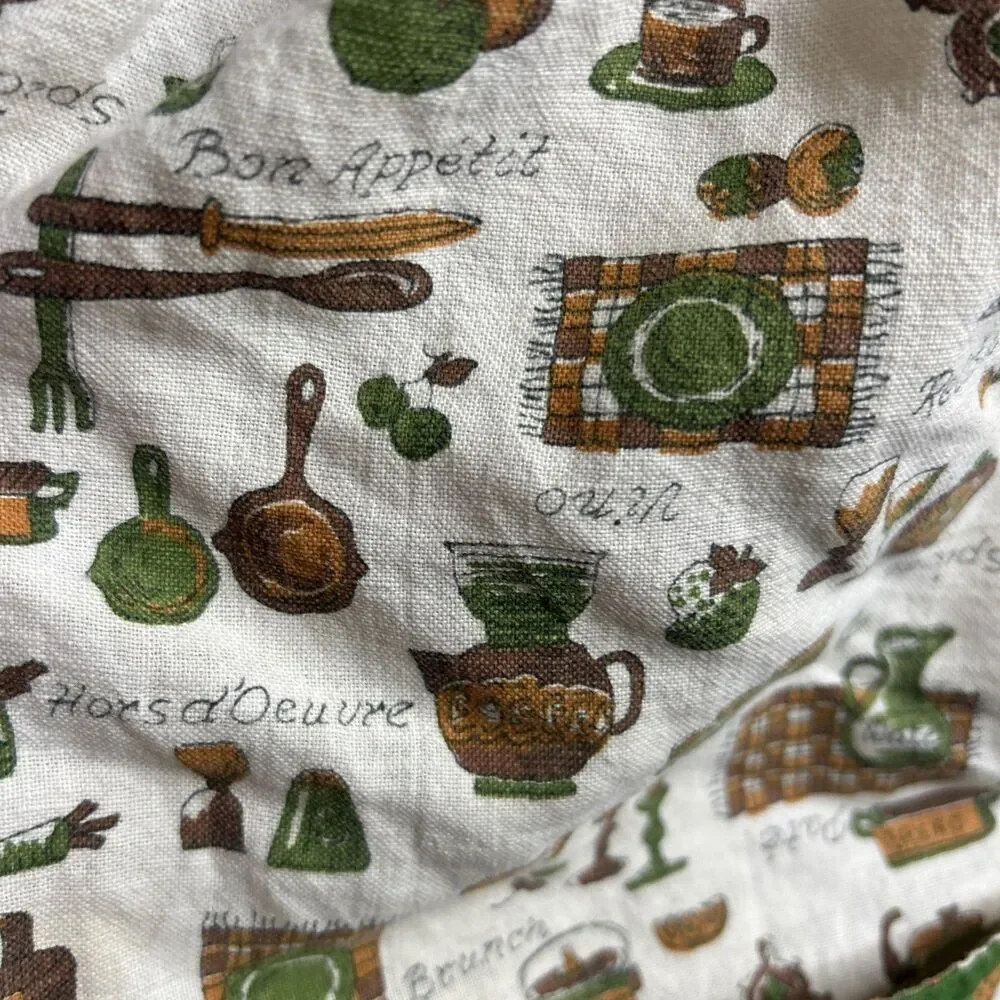 Vintage Retro Half Apron 1970's w/ Kitchen Theme Mushrooms Green Brown Handmade